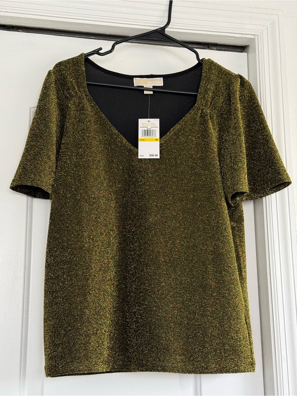 Michael Kors Olive Metallic V-Neck Short Sleeve Top